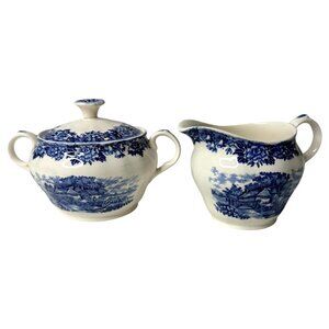 English Village Salem China Co Sugar Bowl With Lid & Creamer Set England Vintage